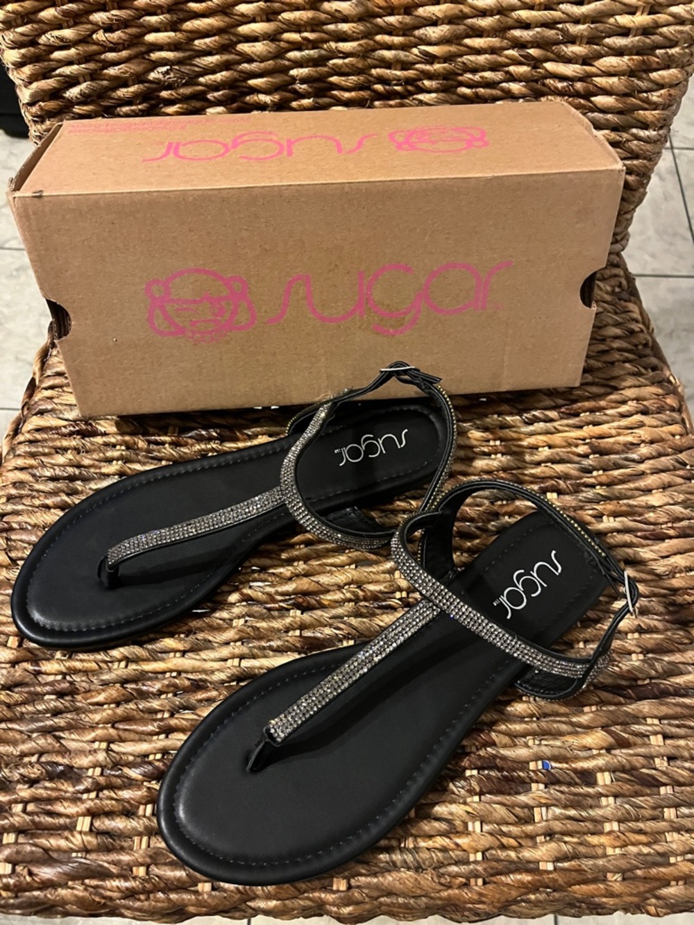 Sugar Black T-Strap Rhinestone Ankle Strap Sandals